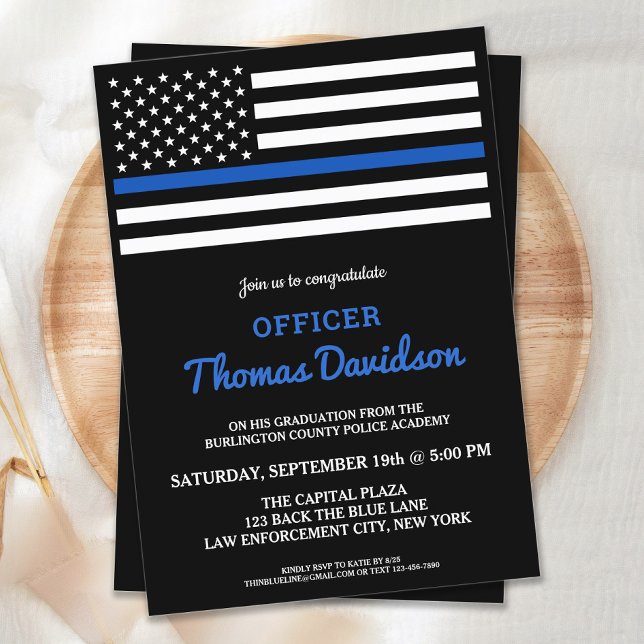 Modern Police Officer Graduation Thin Blue Line In Invitation (Creator Uploaded)
