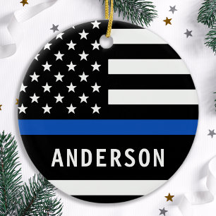 Modern Police Officer Personalised Thin Blue Line Ceramic Ornament