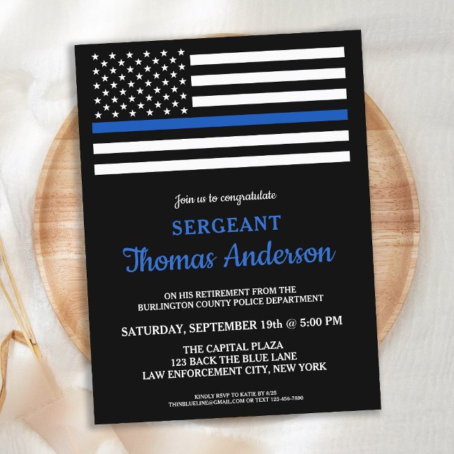 Modern Police Officer Retirement Thin Blue Line Invitation Postcard (Creator Uploaded)