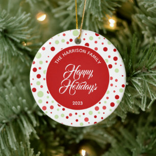 Modern Polka Dot Happy Holidays Family Ceramic Ornament