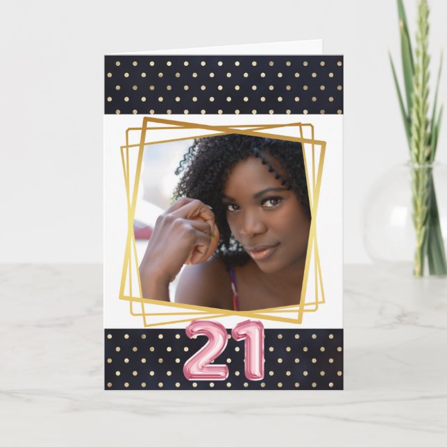 Modern polka dot navy blue gold frame pink 21st card (Front)