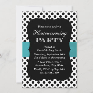 Modern Polka Dots Teal Ribbon Housewarming Party Invitation