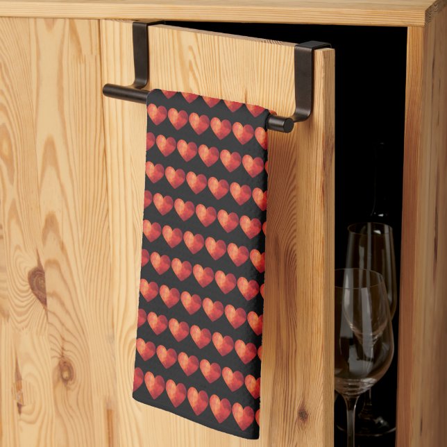 Modern polygonal crystal red heart  tea towel (Thirds Fold)