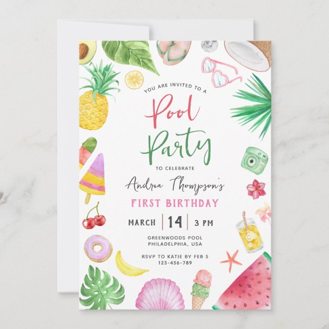 Modern Pool Party Summer Kids Any Year Birthday Invitation (Front)