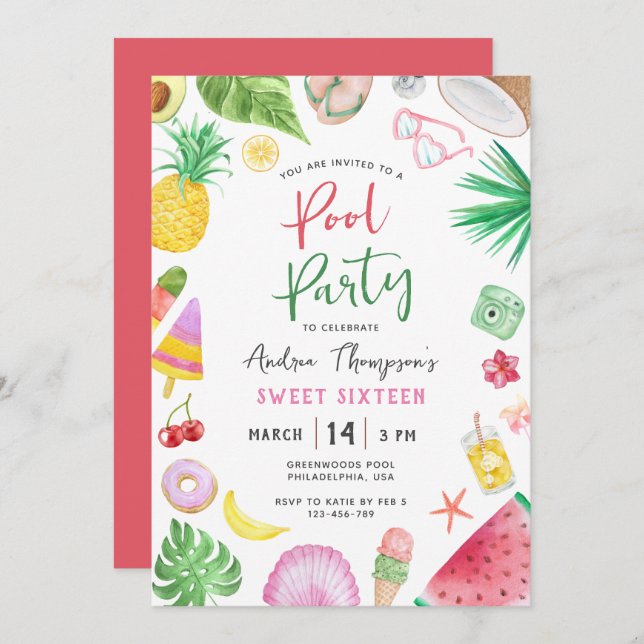 Modern Pool Party Summer Sweet Sixteen Birthday Invitation (Front/Back)