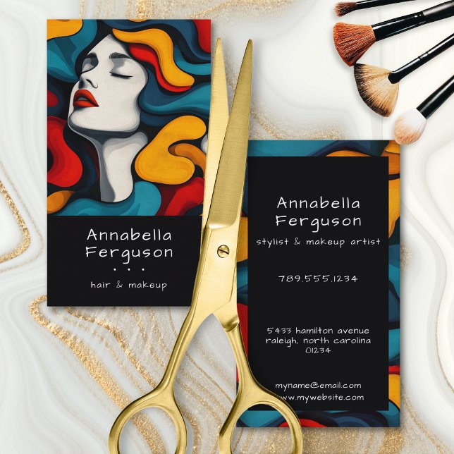Modern Pop Art Retro Colorful Hair Makeup Business Card (Modern Pop Art Retro Colorful Hair Makeup Business Card)