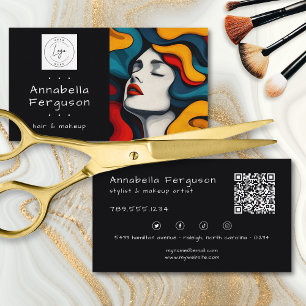 Modern Pop Art Retro Colorful Hair Makeup Logo QR Business Card