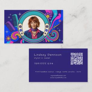 Modern Pop Art Retro Seventies Hair Photo QR Business Card