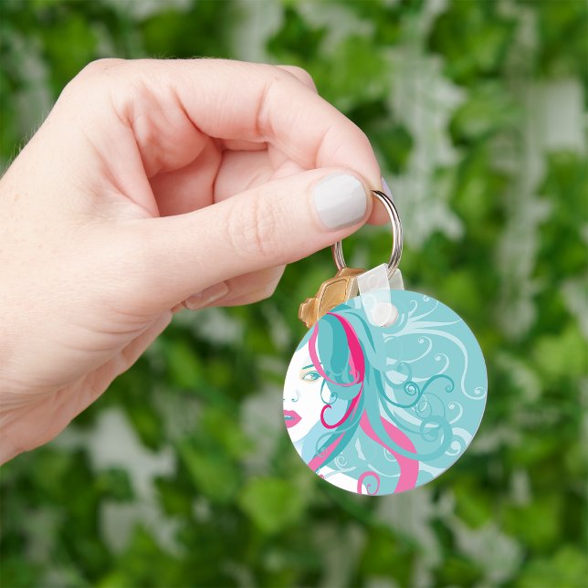 Modern Pop Art Woman Teal and Pink Swirl Hair  Key Ring (Creator Uploaded)