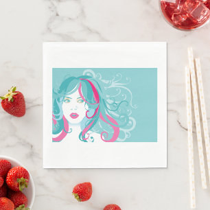 Modern Pop Art Woman Teal and Pink Swirl Hair  Napkin
