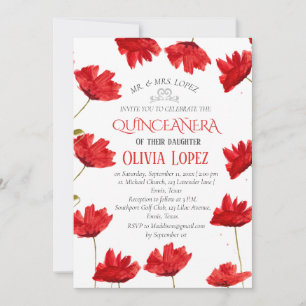Modern Poppies Quinceañera Red Floral Birthday Invitation