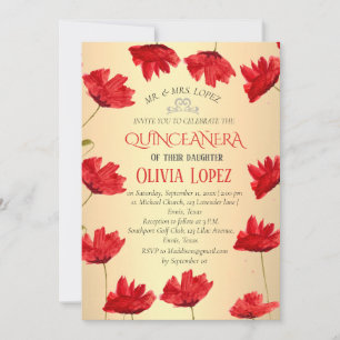 Modern Poppies Quinceañera Red Floral Birthday Invitation