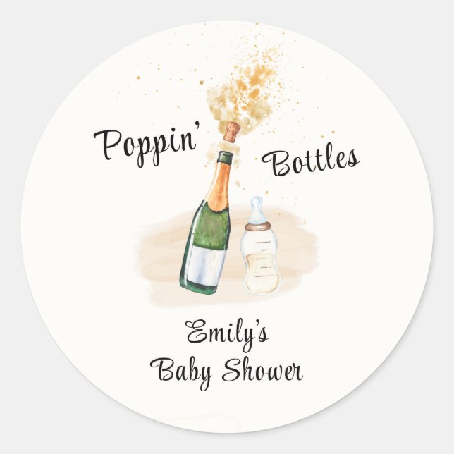 Modern Poppin Bottles Champagne Baby Shower Classic Round Sticker (Front)