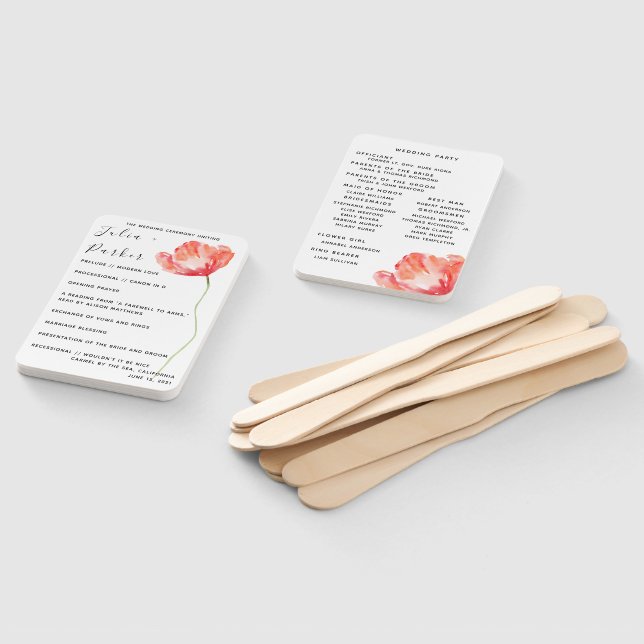 Modern Poppy Red Wedding Program Hand Fan (Non-assembled)