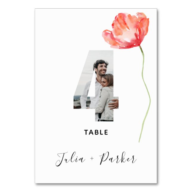 Modern Poppy Red Wedding Table Number 4 (Front)