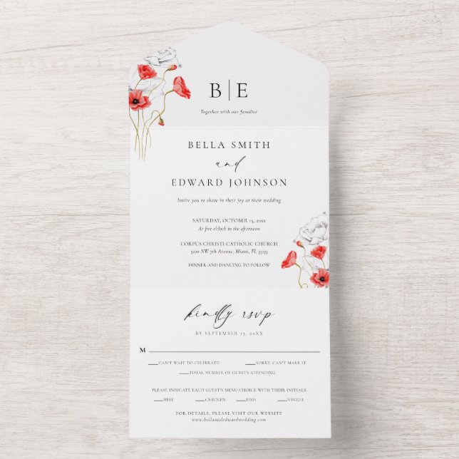 Modern Poppy Red Wildflowers Monogram Wedding All In One Invitation (Inside)