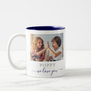 Modern Poppy We Love You 2 Photo Navy Blue Two-Tone Coffee Mug