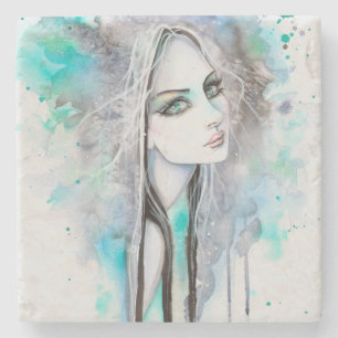 Modern Portrait of Girl Gothic Art Watercolor Stone Coaster