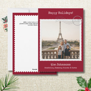 Modern Postage Stamp Square Photo Red Holiday Card