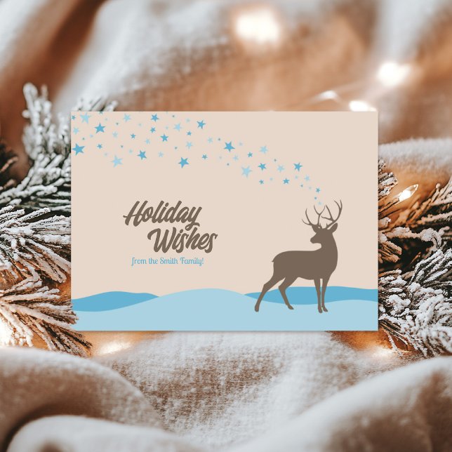Modern Postcard script calligraphy Holiday Wishes (Cute deer Holiday Wishes postcard.)