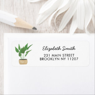 Modern Potted Houseplant Watercolor Modern Script Return Address Label