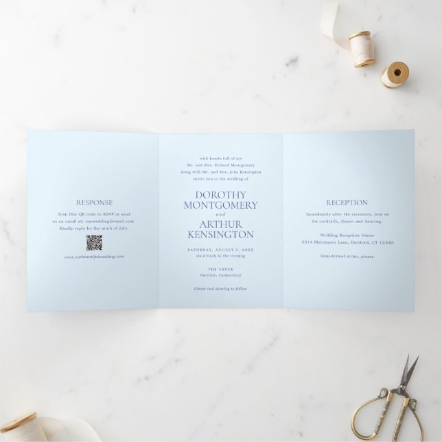 Modern Powder Blue QR Code Elegant Wedding Tri-Fold Invitation (Inside)