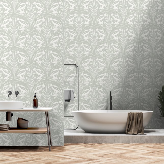 Modern Powder Sage Green Boho Art Deco Coast Shell Wallpaper (Bathroom)