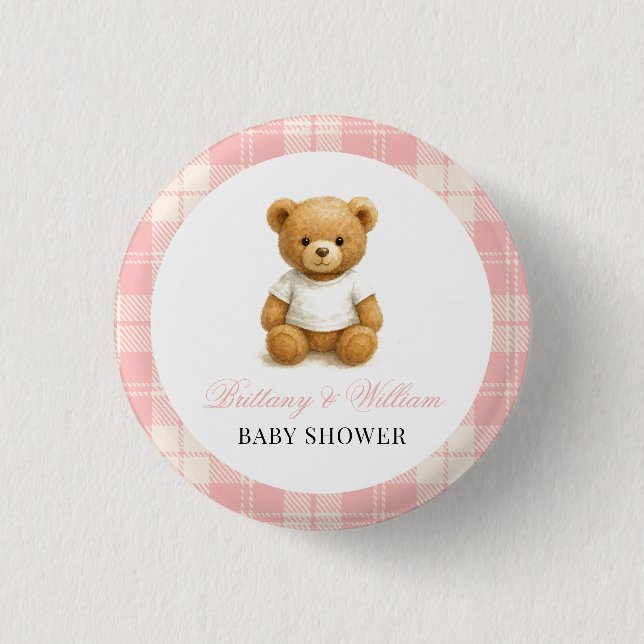 Modern Preppy Bear Pink Plaid Baby Shower   3 Cm Round Badge (Front)