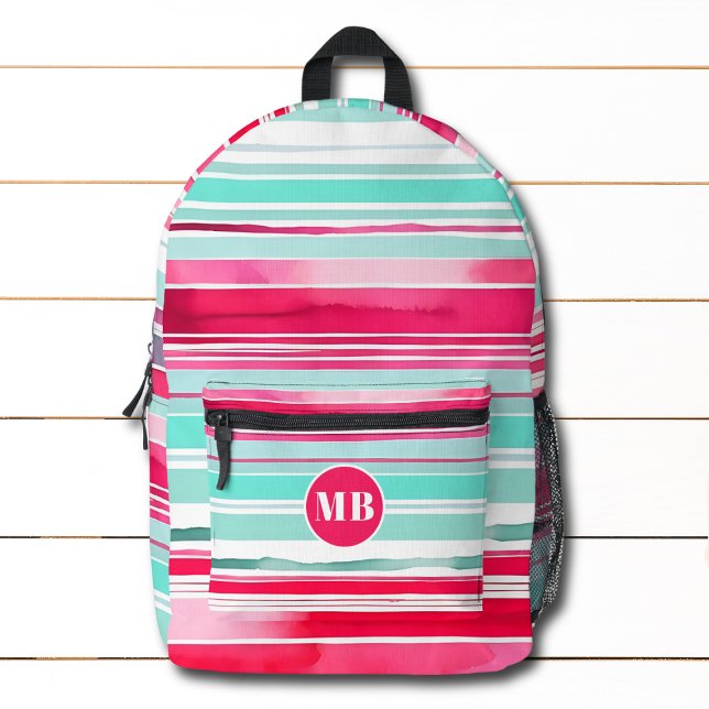 Modern Preppy Cyan Magenta Monogram Printed Backpack (Creator Uploaded)