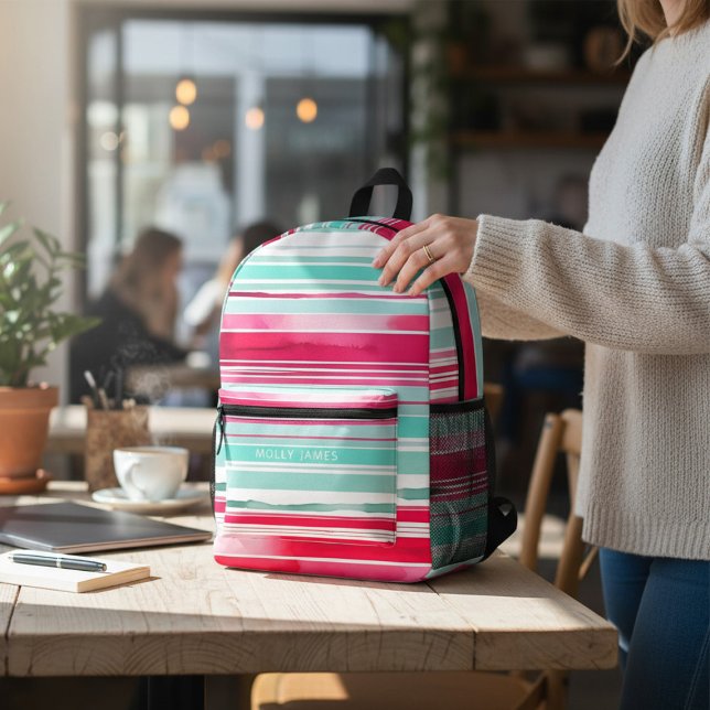 Modern Preppy Cyan Magenta Personalised Name Printed Backpack (Creator Uploaded)