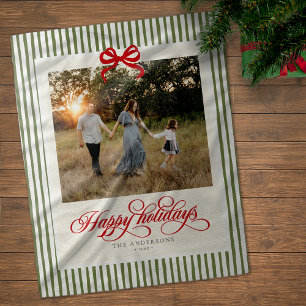 Modern Preppy Happy Holidays Bow Name & Photo Fleece Blanket