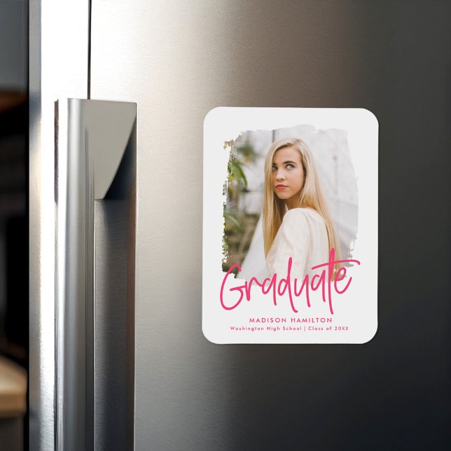 Modern Preppy Hot Pink Script Photo Graduation Magnet (Creator Uploaded)