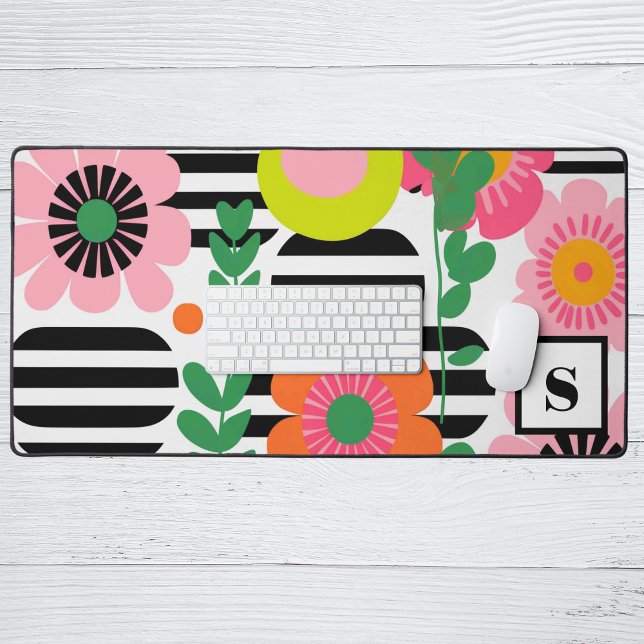 Modern Preppy Pink Colourful Floral Monogram Lette Desk Mat (Creator Uploaded)