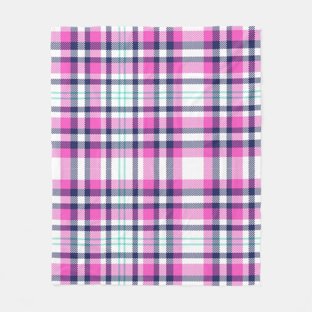 Modern Preppy Pink Navy White Girly Tartan Pattern Fleece Blanket (Front)