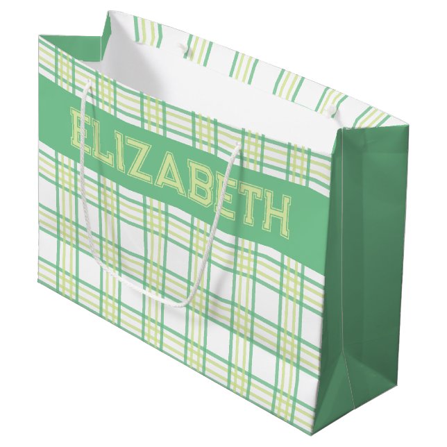 Modern Preppy Plaid Green Lime Pattern Large Gift Bag (Front Angled)