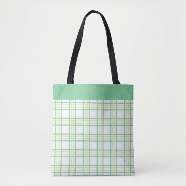 Modern Preppy Plaid Green Lime Pattern Tote Bag (Front)