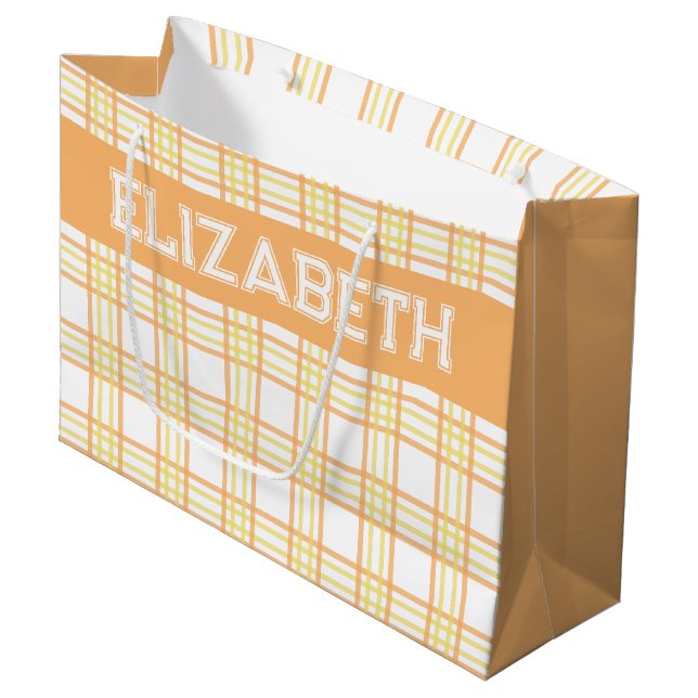 Modern Preppy Plaid Orange Yellow Pattern Large Gift Bag (Front Angled)