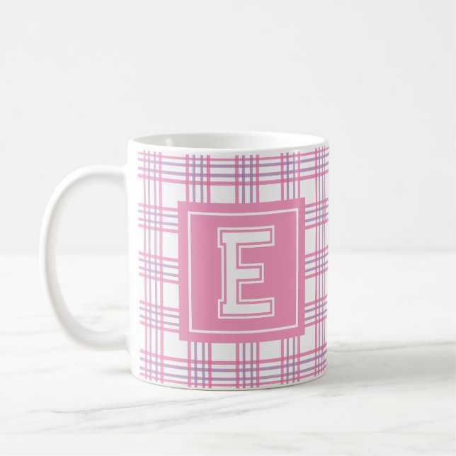Modern Preppy Plaid Pink Purple Varsity Monogram Coffee Mug (Left)