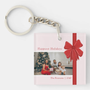 Modern Preppy Red Ribbon Bow Wrap Photo Christmas Key Ring