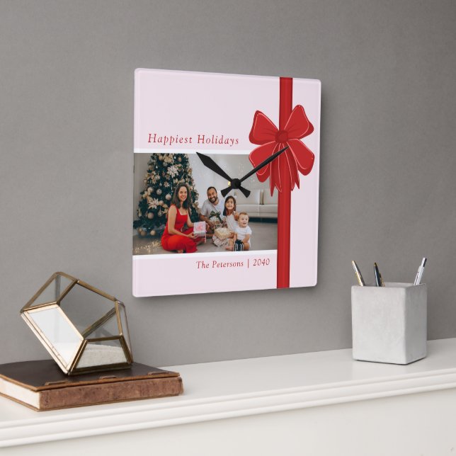 Modern Preppy Red Ribbon Bow Wrap Photo Christmas Square Wall Clock (Office)