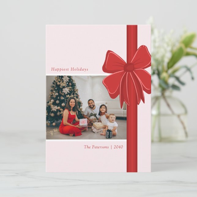 Modern Preppy Red Ribbon Bow Wrapped Photo Holiday Card (Standing Front)