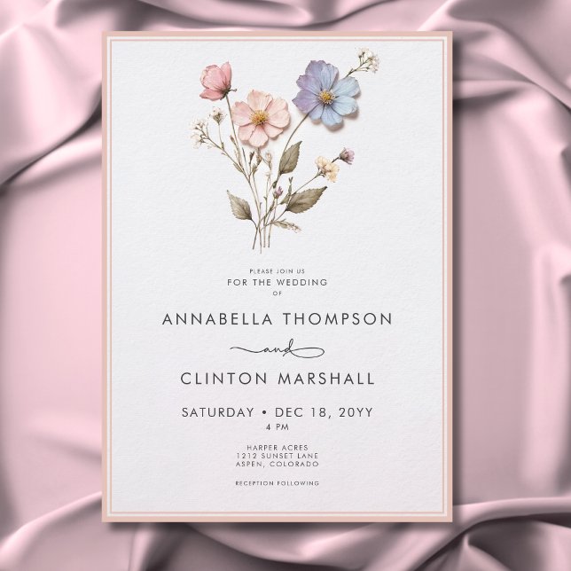 Modern Pressed Pastel Wildflowers Pink Wedding Invitation (Modern Pressed Pastel Wildflowers Sage Wedding Invitation)