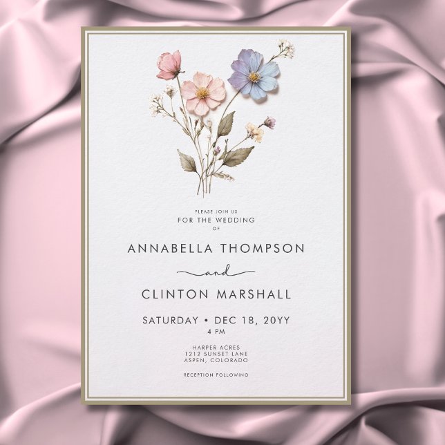 Modern Pressed Pastel Wildflowers Sage Wedding Invitation (Modern Pressed Pastel Wildflowers Sage Wedding Invitation)