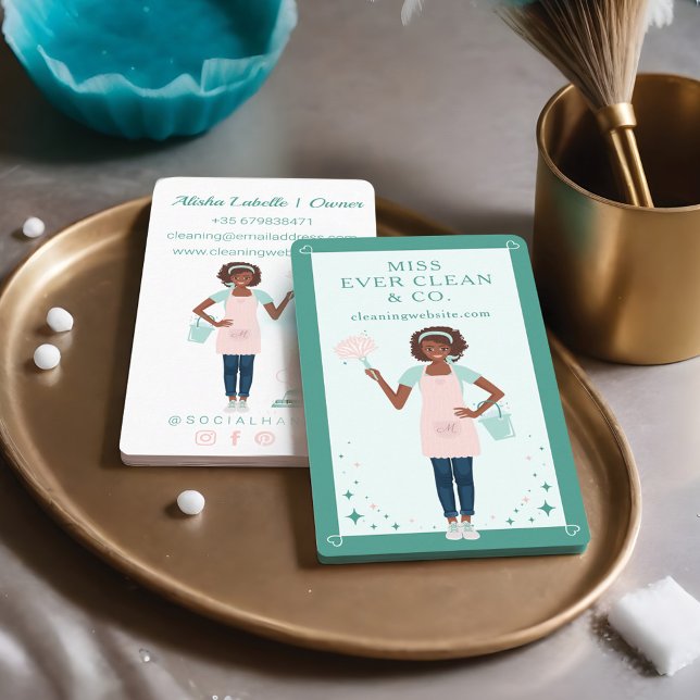 Modern Pretty Black Woman Cleaning & Maid Services Business Card (Creator Uploaded)