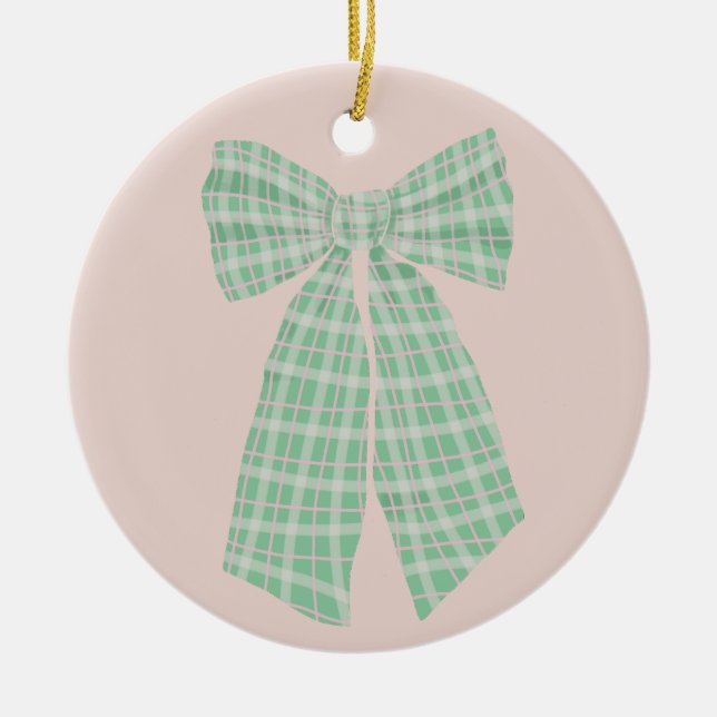 Modern Pretty Blush Gingham Romantic Coquette Bow Ceramic Ornament (Front)