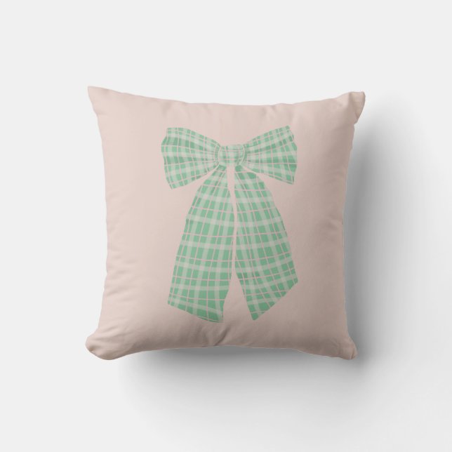 Modern Pretty Blush Gingham Romantic Coquette Bow Cushion (Front)