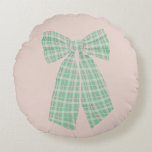 Modern Pretty Blush Gingham Romantic Coquette Bow Round Cushion
