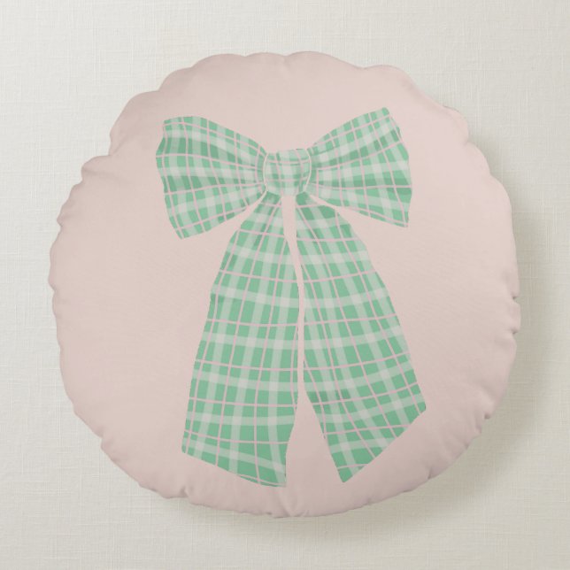 Modern Pretty Blush Gingham Romantic Coquette Bow Round Cushion (Front)