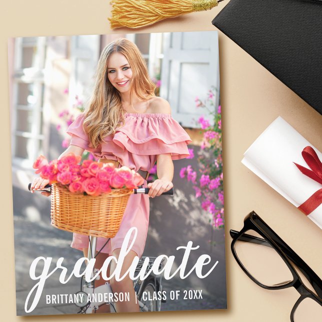 Modern Pretty Graduation Party Invitation Photo Postcard (Customize to change your personalized text size or text style.)