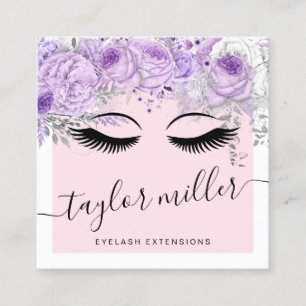 Modern pretty purple floral eyelash extensions square business card
